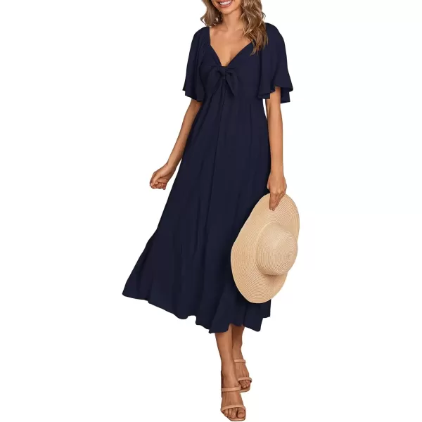 imagePRETTYGARDEN Summer Dress for Women 2024 Casual Short Sleeve Bow Tie V Neck Ruffle Midi Flowy DressesDark Blue