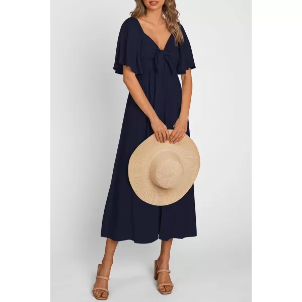 imagePRETTYGARDEN Summer Dress for Women 2024 Casual Short Sleeve Bow Tie V Neck Ruffle Midi Flowy DressesDark Blue