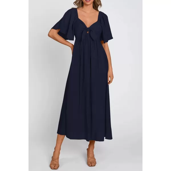 imagePRETTYGARDEN Summer Dress for Women 2024 Casual Short Sleeve Bow Tie V Neck Ruffle Midi Flowy DressesDark Blue