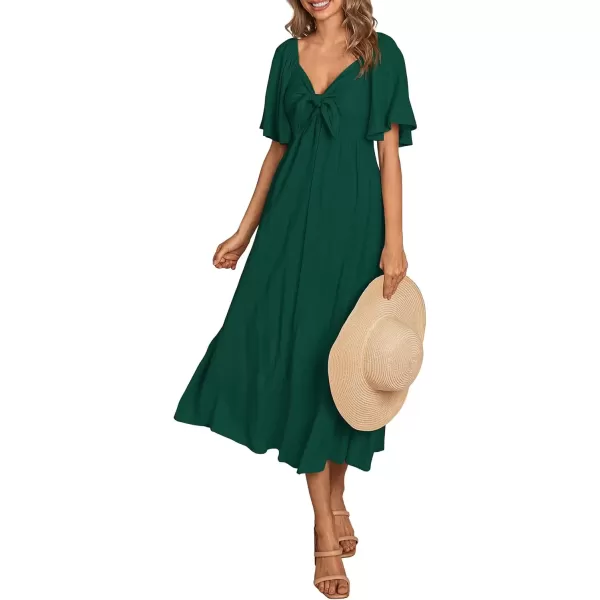 imagePRETTYGARDEN Summer Dress for Women 2024 Casual Short Sleeve Bow Tie V Neck Ruffle Midi Flowy DressesDark Green