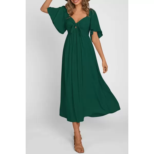 imagePRETTYGARDEN Summer Dress for Women 2024 Casual Short Sleeve Bow Tie V Neck Ruffle Midi Flowy DressesDark Green