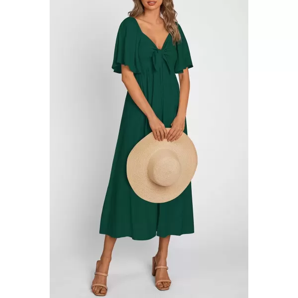 imagePRETTYGARDEN Summer Dress for Women 2024 Casual Short Sleeve Bow Tie V Neck Ruffle Midi Flowy DressesDark Green