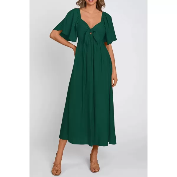 imagePRETTYGARDEN Summer Dress for Women 2024 Casual Short Sleeve Bow Tie V Neck Ruffle Midi Flowy DressesDark Green