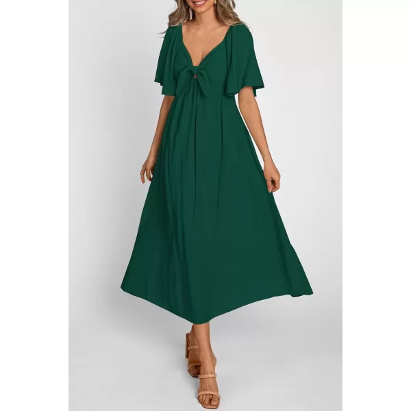 imagePRETTYGARDEN Summer Dress for Women 2024 Casual Short Sleeve Bow Tie V Neck Ruffle Midi Flowy DressesDark Green