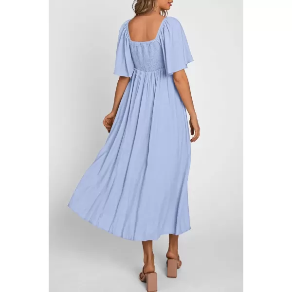 imagePRETTYGARDEN Summer Dress for Women 2024 Casual Short Sleeve Bow Tie V Neck Ruffle Midi Flowy DressesLight Blue