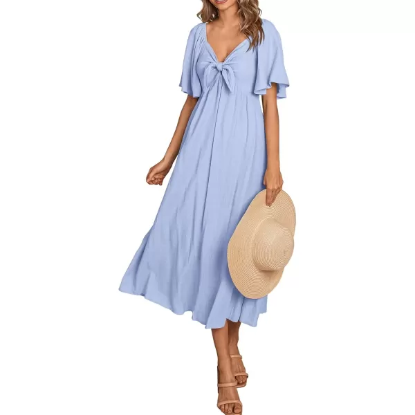 imagePRETTYGARDEN Summer Dress for Women 2024 Casual Short Sleeve Bow Tie V Neck Ruffle Midi Flowy DressesLight Blue