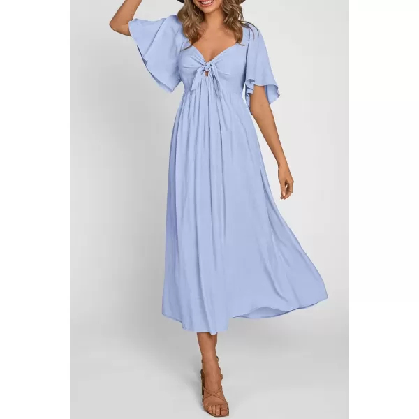 imagePRETTYGARDEN Summer Dress for Women 2024 Casual Short Sleeve Bow Tie V Neck Ruffle Midi Flowy DressesLight Blue