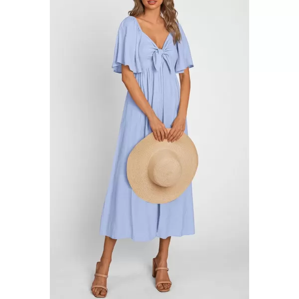 imagePRETTYGARDEN Summer Dress for Women 2024 Casual Short Sleeve Bow Tie V Neck Ruffle Midi Flowy DressesLight Blue
