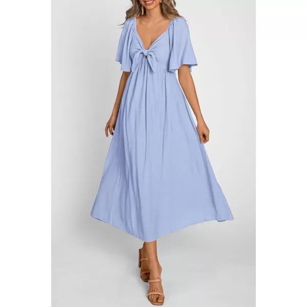 imagePRETTYGARDEN Summer Dress for Women 2024 Casual Short Sleeve Bow Tie V Neck Ruffle Midi Flowy DressesLight Blue