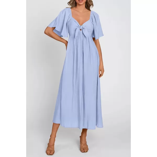imagePRETTYGARDEN Summer Dress for Women 2024 Casual Short Sleeve Bow Tie V Neck Ruffle Midi Flowy DressesLight Blue