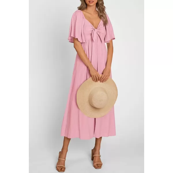 imagePRETTYGARDEN Summer Dress for Women 2024 Casual Short Sleeve Bow Tie V Neck Ruffle Midi Flowy DressesLight Pink