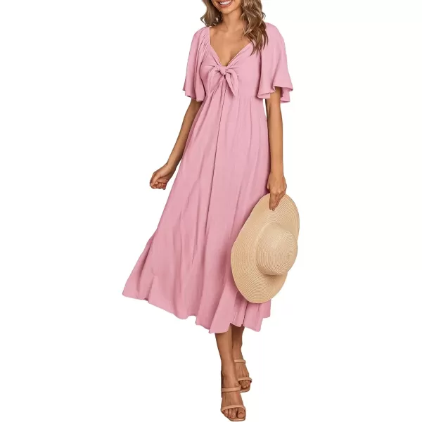 imagePRETTYGARDEN Summer Dress for Women 2024 Casual Short Sleeve Bow Tie V Neck Ruffle Midi Flowy DressesLight Pink