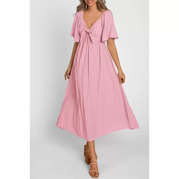 imagePRETTYGARDEN Summer Dress for Women 2024 Casual Short Sleeve Bow Tie V Neck Ruffle Midi Flowy DressesLight Pink