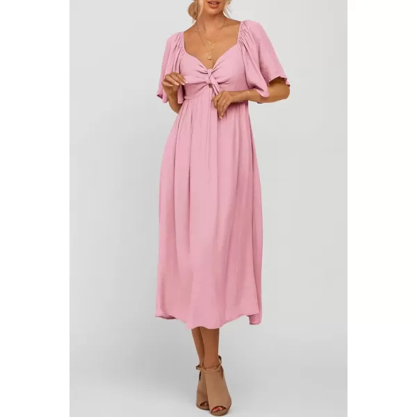 imagePRETTYGARDEN Summer Dress for Women 2024 Casual Short Sleeve Bow Tie V Neck Ruffle Midi Flowy DressesLight Pink