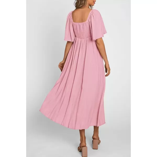 imagePRETTYGARDEN Summer Dress for Women 2024 Casual Short Sleeve Bow Tie V Neck Ruffle Midi Flowy DressesLight Pink