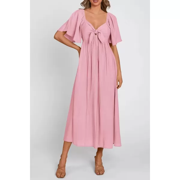 imagePRETTYGARDEN Summer Dress for Women 2024 Casual Short Sleeve Bow Tie V Neck Ruffle Midi Flowy DressesLight Pink