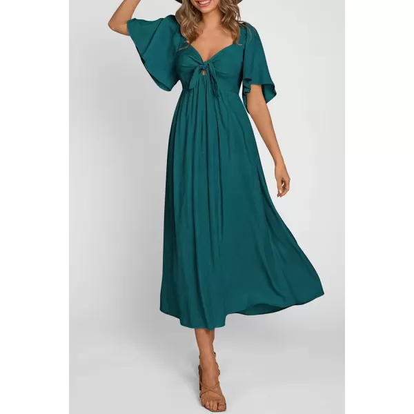 imagePRETTYGARDEN Summer Dress for Women 2024 Casual Short Sleeve Bow Tie V Neck Ruffle Midi Flowy DressesMalachite Green