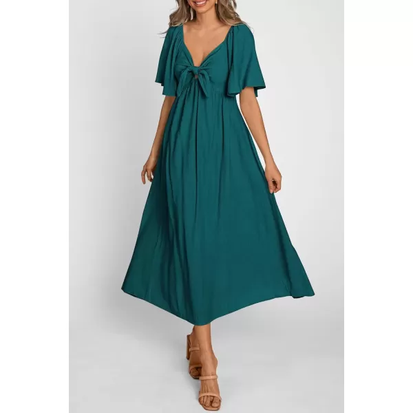 imagePRETTYGARDEN Summer Dress for Women 2024 Casual Short Sleeve Bow Tie V Neck Ruffle Midi Flowy DressesMalachite Green