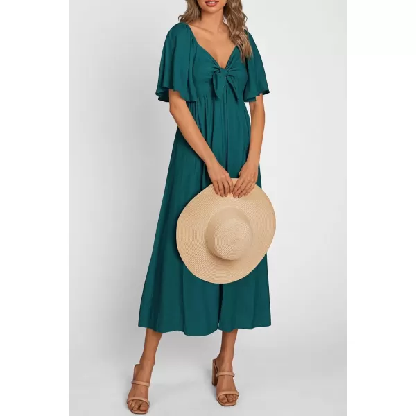 imagePRETTYGARDEN Summer Dress for Women 2024 Casual Short Sleeve Bow Tie V Neck Ruffle Midi Flowy DressesMalachite Green