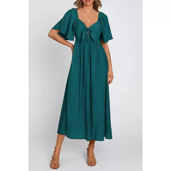 imagePRETTYGARDEN Summer Dress for Women 2024 Casual Short Sleeve Bow Tie V Neck Ruffle Midi Flowy DressesMalachite Green