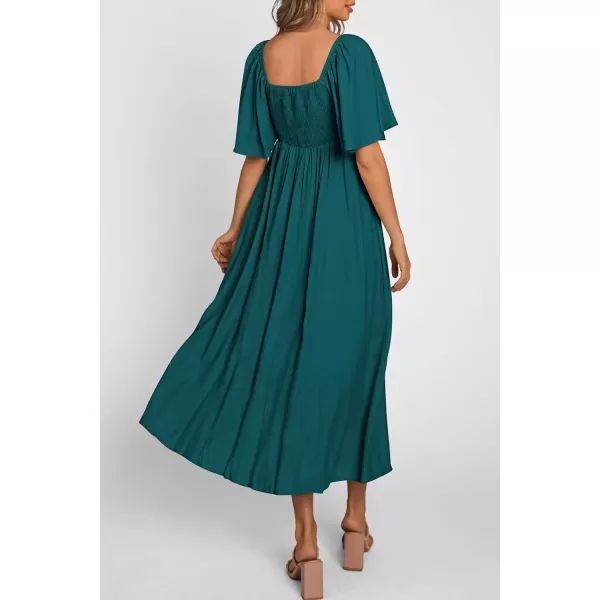 imagePRETTYGARDEN Summer Dress for Women 2024 Casual Short Sleeve Bow Tie V Neck Ruffle Midi Flowy DressesMalachite Green