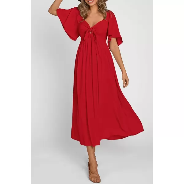 imagePRETTYGARDEN Summer Dress for Women 2024 Casual Short Sleeve Bow Tie V Neck Ruffle Midi Flowy DressesRed