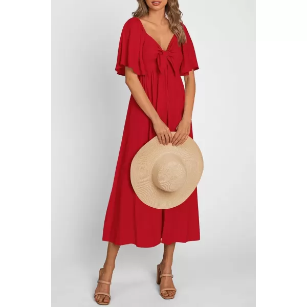imagePRETTYGARDEN Summer Dress for Women 2024 Casual Short Sleeve Bow Tie V Neck Ruffle Midi Flowy DressesRed