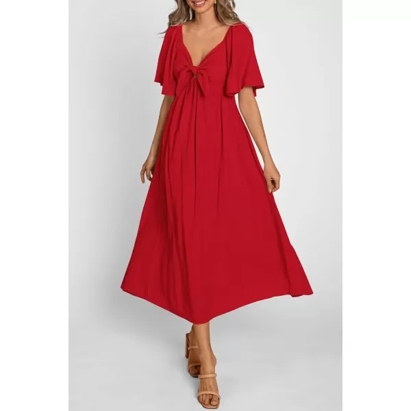 imagePRETTYGARDEN Summer Dress for Women 2024 Casual Short Sleeve Bow Tie V Neck Ruffle Midi Flowy DressesRed