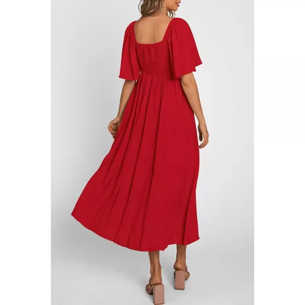 imagePRETTYGARDEN Summer Dress for Women 2024 Casual Short Sleeve Bow Tie V Neck Ruffle Midi Flowy DressesRed