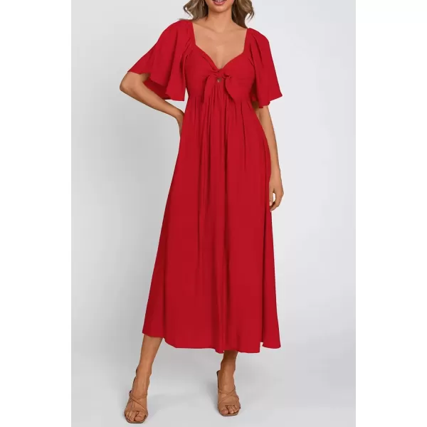 imagePRETTYGARDEN Summer Dress for Women 2024 Casual Short Sleeve Bow Tie V Neck Ruffle Midi Flowy DressesRed