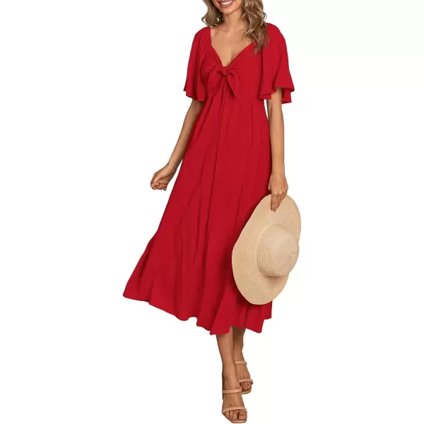 imagePRETTYGARDEN Summer Dress for Women 2024 Casual Short Sleeve Bow Tie V Neck Ruffle Midi Flowy DressesRed