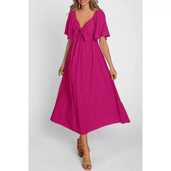imagePRETTYGARDEN Summer Dress for Women 2024 Casual Short Sleeve Bow Tie V Neck Ruffle Midi Flowy DressesRose Red