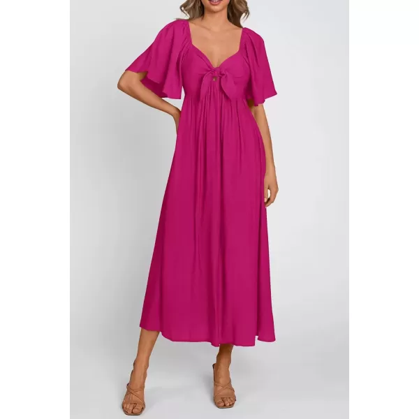 imagePRETTYGARDEN Summer Dress for Women 2024 Casual Short Sleeve Bow Tie V Neck Ruffle Midi Flowy DressesRose Red