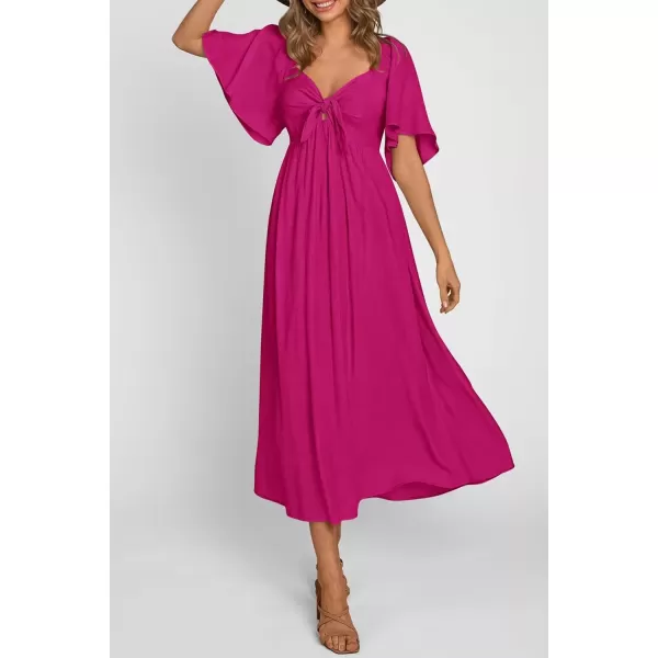 imagePRETTYGARDEN Summer Dress for Women 2024 Casual Short Sleeve Bow Tie V Neck Ruffle Midi Flowy DressesRose Red