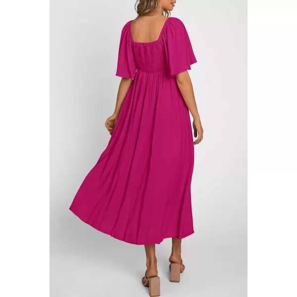 imagePRETTYGARDEN Summer Dress for Women 2024 Casual Short Sleeve Bow Tie V Neck Ruffle Midi Flowy DressesRose Red