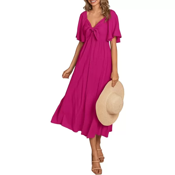 imagePRETTYGARDEN Summer Dress for Women 2024 Casual Short Sleeve Bow Tie V Neck Ruffle Midi Flowy DressesRose Red