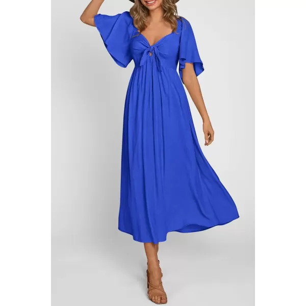 imagePRETTYGARDEN Summer Dress for Women 2024 Casual Short Sleeve Bow Tie V Neck Ruffle Midi Flowy DressesRoyal Blue