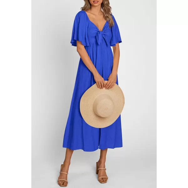 imagePRETTYGARDEN Summer Dress for Women 2024 Casual Short Sleeve Bow Tie V Neck Ruffle Midi Flowy DressesRoyal Blue