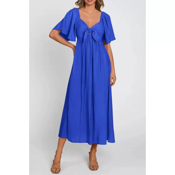 imagePRETTYGARDEN Summer Dress for Women 2024 Casual Short Sleeve Bow Tie V Neck Ruffle Midi Flowy DressesRoyal Blue