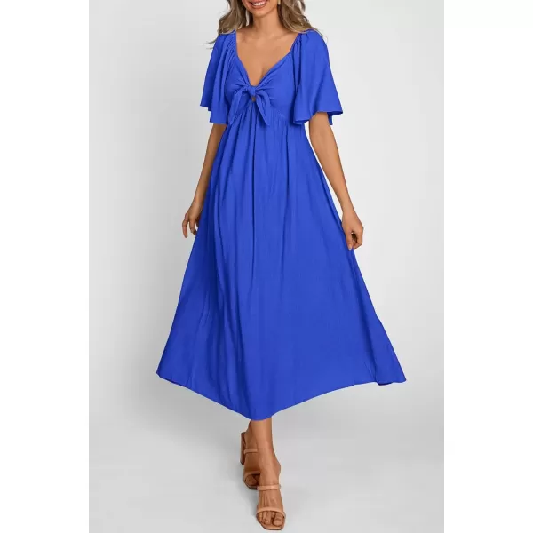 imagePRETTYGARDEN Summer Dress for Women 2024 Casual Short Sleeve Bow Tie V Neck Ruffle Midi Flowy DressesRoyal Blue