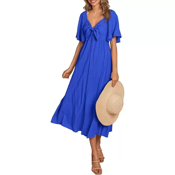 imagePRETTYGARDEN Summer Dress for Women 2024 Casual Short Sleeve Bow Tie V Neck Ruffle Midi Flowy DressesRoyal Blue