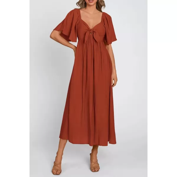 imagePRETTYGARDEN Summer Dress for Women 2024 Casual Short Sleeve Bow Tie V Neck Ruffle Midi Flowy DressesRust Red