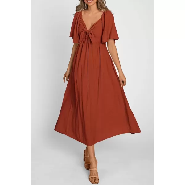 imagePRETTYGARDEN Summer Dress for Women 2024 Casual Short Sleeve Bow Tie V Neck Ruffle Midi Flowy DressesRust Red