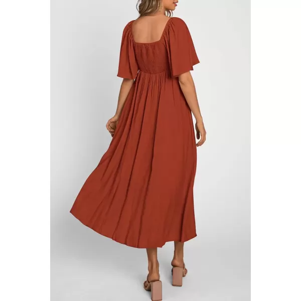 imagePRETTYGARDEN Summer Dress for Women 2024 Casual Short Sleeve Bow Tie V Neck Ruffle Midi Flowy DressesRust Red