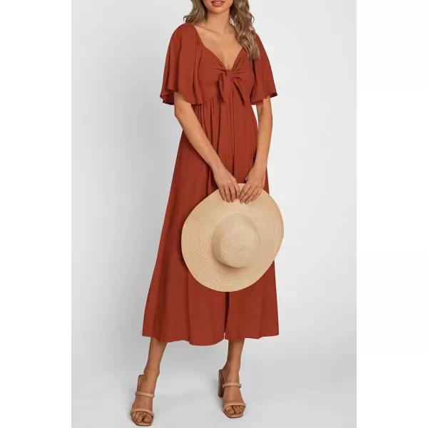 imagePRETTYGARDEN Summer Dress for Women 2024 Casual Short Sleeve Bow Tie V Neck Ruffle Midi Flowy DressesRust Red