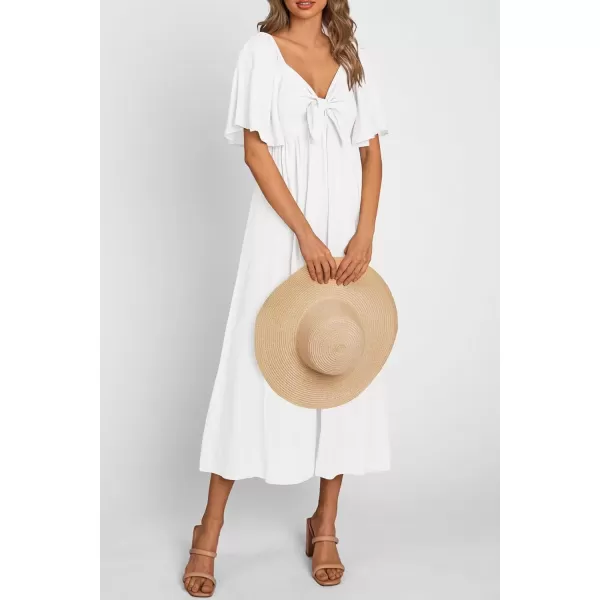 imagePRETTYGARDEN Summer Dress for Women 2024 Casual Short Sleeve Bow Tie V Neck Ruffle Midi Flowy DressesWhite