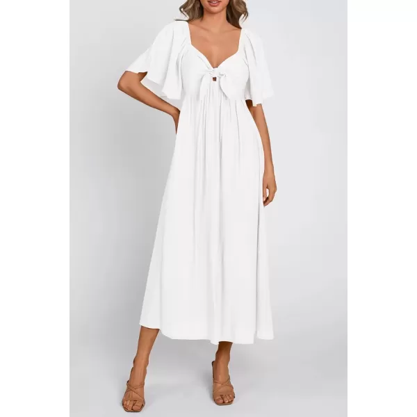 imagePRETTYGARDEN Summer Dress for Women 2024 Casual Short Sleeve Bow Tie V Neck Ruffle Midi Flowy DressesWhite