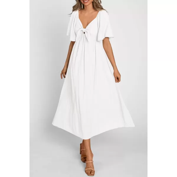 imagePRETTYGARDEN Summer Dress for Women 2024 Casual Short Sleeve Bow Tie V Neck Ruffle Midi Flowy DressesWhite