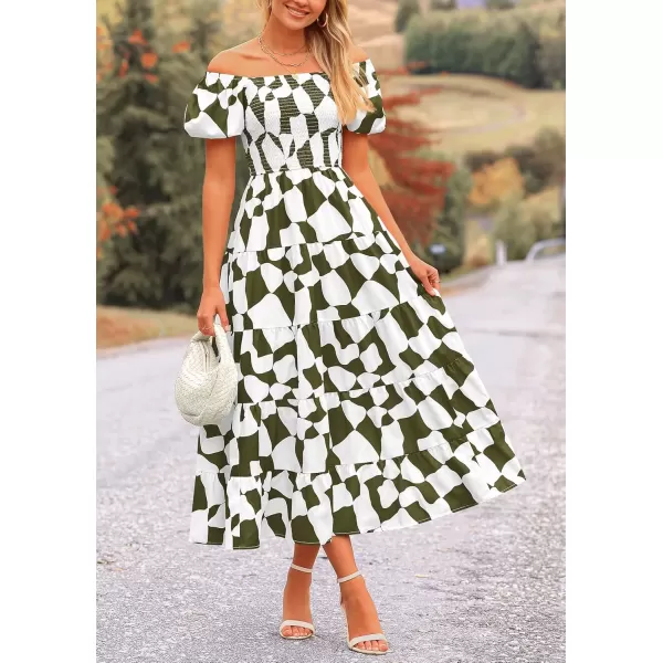 imagePRETTYGARDEN Womens 2024 Summer Boho Midi Dress Off Shoulder Puff Sleeve Print Smocked Ruffle Beach Long Flowy DressesArmy Green
