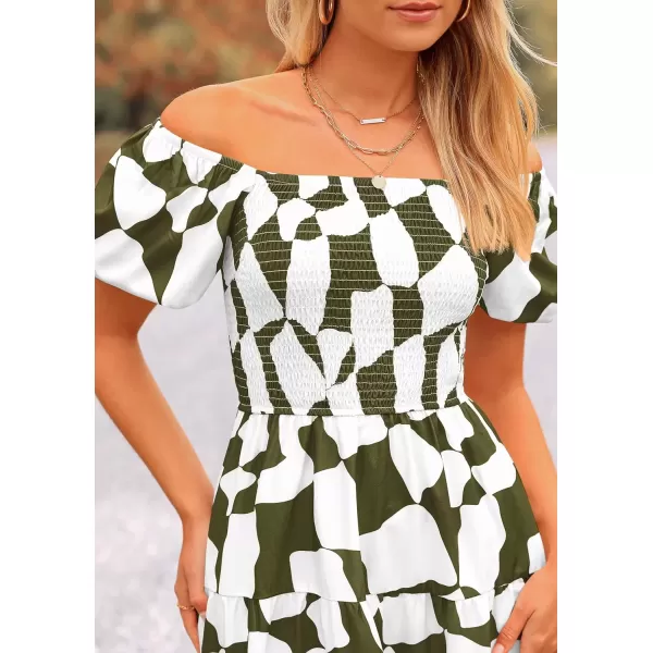 imagePRETTYGARDEN Womens 2024 Summer Boho Midi Dress Off Shoulder Puff Sleeve Print Smocked Ruffle Beach Long Flowy DressesArmy Green